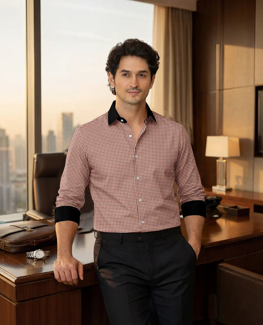 Advero Micro Check Oxford Cotton Maroon With Black Cuff Collar Shirt