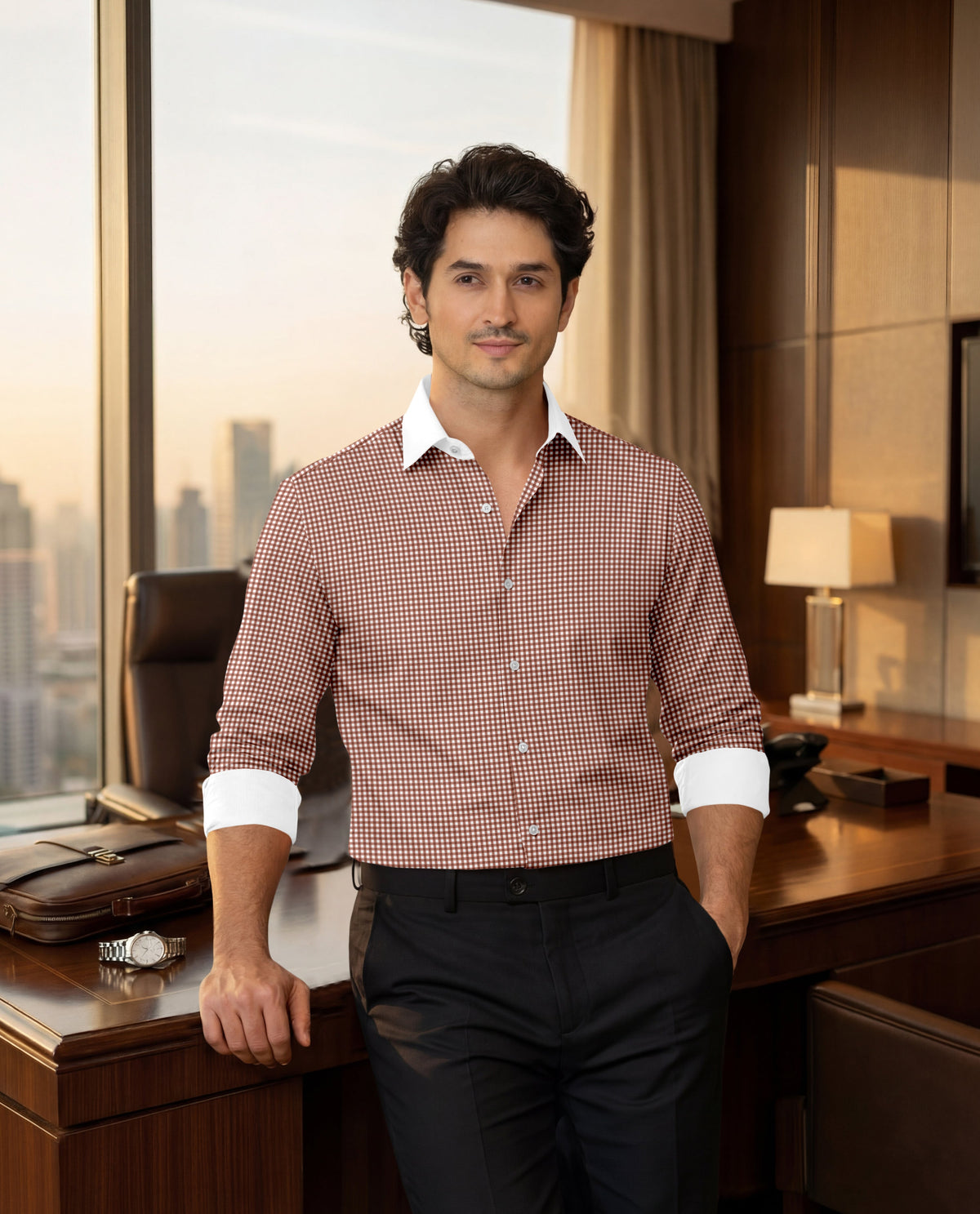 Advero Micro Check Oxford Cotton Maroon With White Cuff Collar Shirt