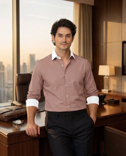 Advero Micro Check Oxford Cotton Maroon With White Cuff Collar Shirt