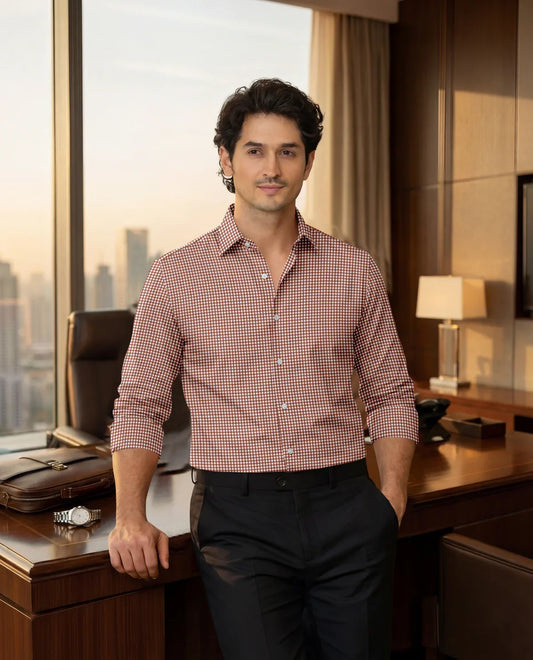Advero Micro Check Oxford Cotton Maroon Plane  Shirt