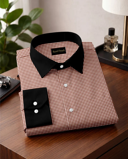 Advero Micro Check Oxford Cotton Maroon With Black Cuff Collar Shirt