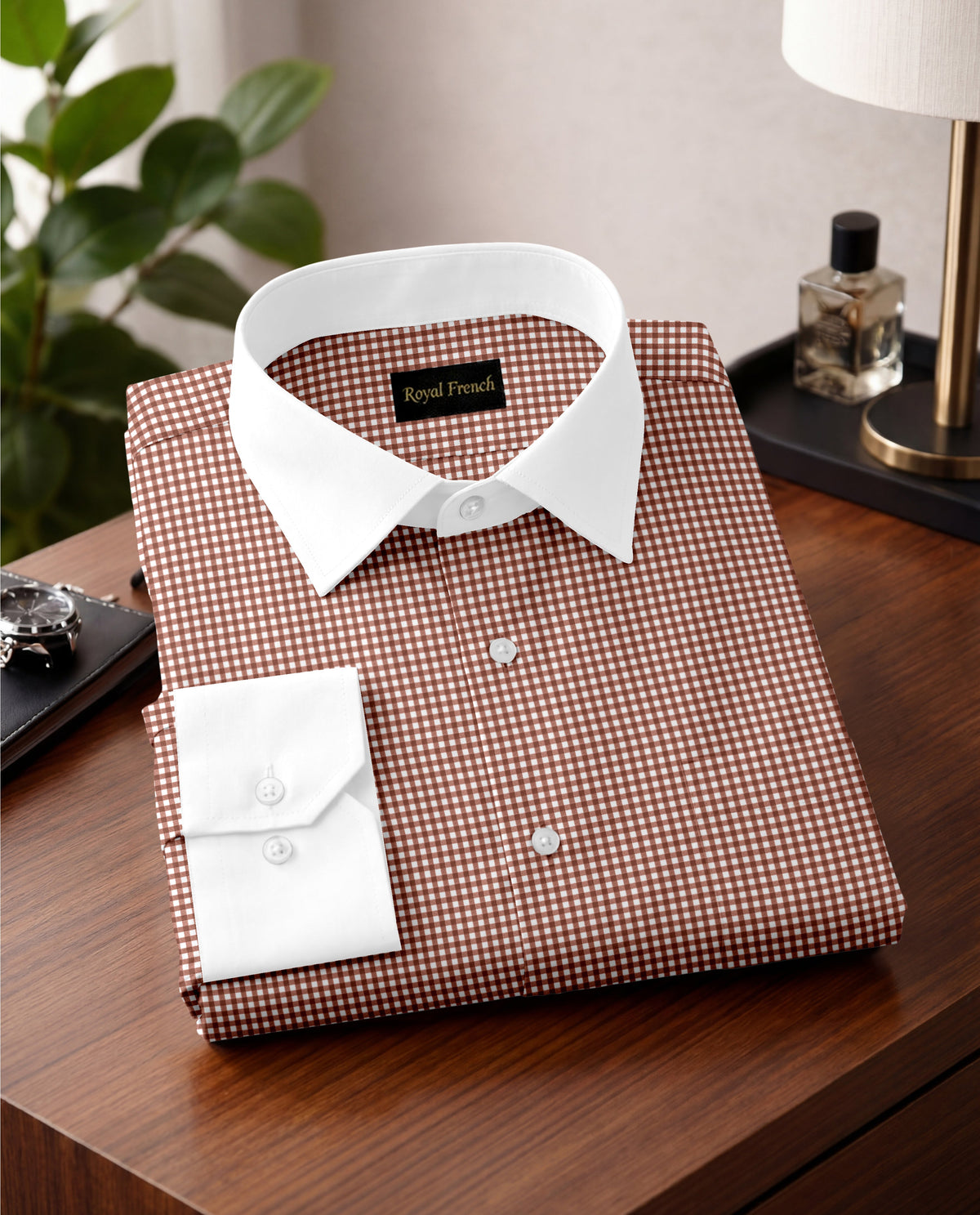Advero Micro Check Oxford Cotton Maroon With White Cuff Collar Shirt